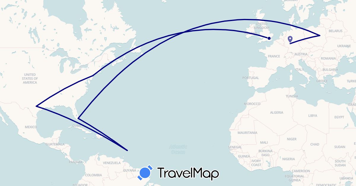 TravelMap itinerary: driving in Barbados, Germany, United Kingdom, Poland, United States (Europe, North America)